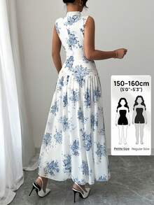 Modelyn Petite French Style High Neck Sleeveless Dress For Women,White Floral,Summer,Elegant,Garden Party Vacation Regular Size Zanea Formal Long Casual Dresses - Blue - View 2