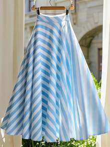 GlowEve Women's Striped Ruffled Hem Versatile Minimalist A-Line Skirt, Summer - Blue - View 1