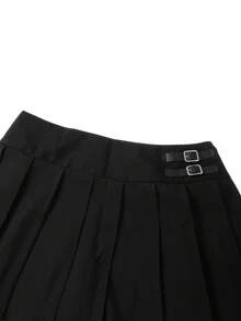 SHEIN Clasi 大码女式高腰半身裙，纽扣装饰，褶裥裙摆，休闲风格，时尚黑色纽扣褶裥半身裙 - 黑色 - 查看 4