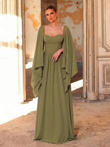 Vestido elegante, romántico y de moda de gasa verde sin tirantes con busto de algodón y chal, silueta en línea A, adecuado para fiestas elegantes, vestidos de invitada de boda, vestido amarillo-verde, vestido de dama de honor elegante y grácil - Verde - Ver 11