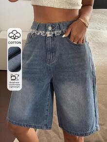 DAZY Quần short jean lửng ống đứng, rách rưới, phối ren tương phản, kiểu dáng thường ngày, thích hợp cho kỳ nghỉ hè của nữ giới, phong cách Y2K. - Màu xanh lam - Xem 1