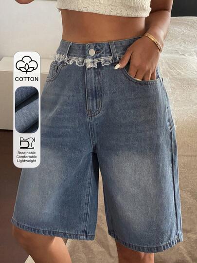 DAZY 做旧水洗撞色蕾丝边直筒七分牛仔短裤，女士休闲夏季度假短裤