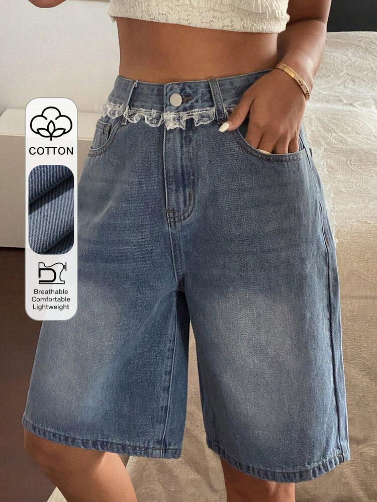 Distressed Washed Contrast Lace Trim Straight Leg Capri Jeans Shorts, Casual Summer Vacation Shorts For Women