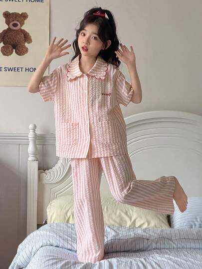 DAZY Striped Ruffle Collar Summer Pajamas, 3 PiecesCute Short Sleeve Homewear Set, Suitable For Girls & Girl (Plus Size)