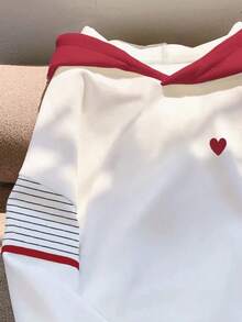 SHEIN 女士心形条纹印花长袖休闲卫衣，秋冬款 - 白色 - 查看 3