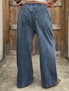 Dazy Plus 水钻刺绣设计宽松长款休闲牛仔裤，复古牛仔布 - 淺色水洗藍 - 查看 2