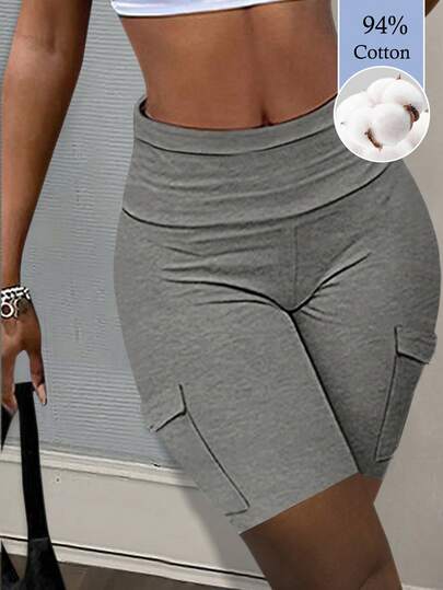 Slaydiva Pantaloncini casual estivi da strada, con tasche tridimensionali, vita ampia, pantaloni slim fit, pantaloni da ciclismo, shorts da donna in maglia di colore grigio chiaro