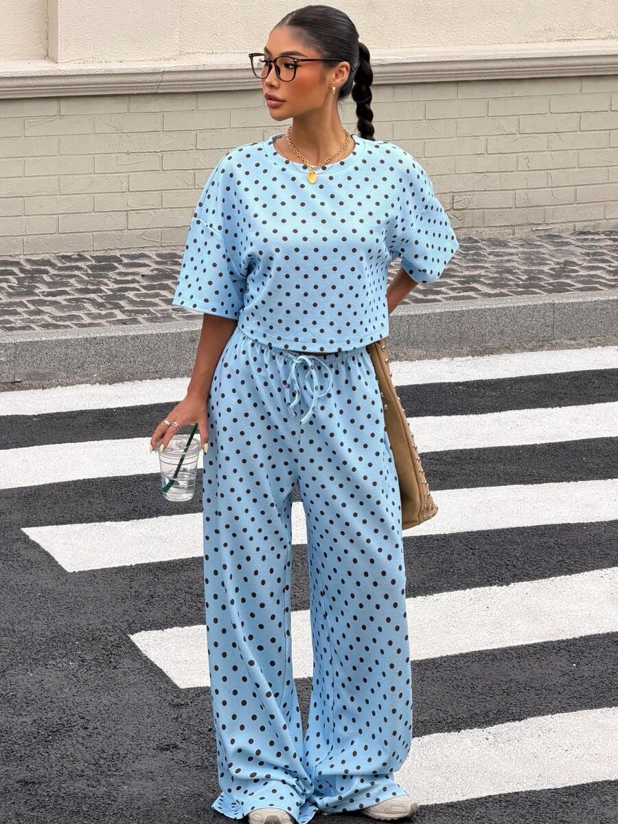SHEIN Muchic Bộ đồ dệt kim chấm bi xanh dương kiểu dáng thường ngày dành cho nữ - Màu xanh lam - Xem 1