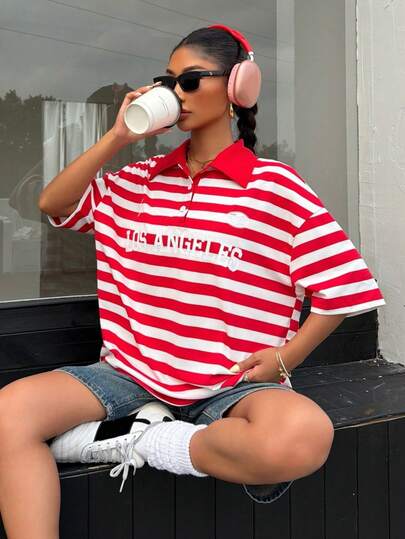 Muchica Áo thun ngắn tay kẻ sọc đỏ trắng dành cho nữ, kiểu dáng thường ngày, thích hợp cho mùa hè.