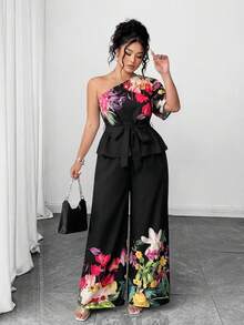 Elenzga Conjunto de 2 peças feminino plus size elegante com estampa floral preta e branca, decote ombro a ombro, cinto e laço, estilo casual chique e modelador. - Multicolorido - Ver 5