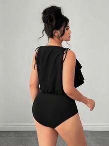 Elenzga Plus Size Women Solid Color Ruffle Trim Bodysuit - Grey - View 2