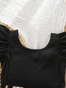 SHEIN Bộ áo liền quần in họa tiết cho bé gái, cổ tròn, viền bèo nhún, kiểu dáng thường ngày, thích hợp cho mùa hè. - Nhiều màu - Xem 5