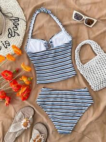 SHEIN Teen Girl Blue & White Striped Textured Halter Tankini Top,Children's Two Pieces Swimwear Set,Summer Beach Vacation Holiday Bathing Suits For Swimming - Blue - View 2