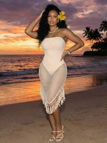 BamGleam Vestido Tubinho Ajustado com Franjas Transparentes para Praia e Férias Sexy para Mulheres - Damasco - Visão 3