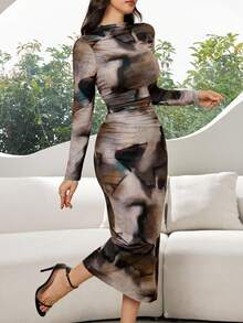 Modelyn Women's Elegant Marble Print Ruched Fitted Dress - Yellow - View 4