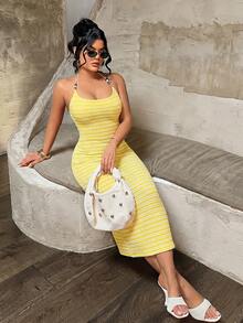 SHEIN SXY 女士夏季沙滩度假条纹露背吊带连衣裙 - 黃色 - 查看 3