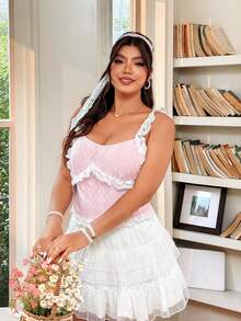 Sunnyshic Plus Size Nữ Mùa hè Ren Chắp vá Họa tiết Chất liệu Yếm trên - Bụi hồng - Xem 5