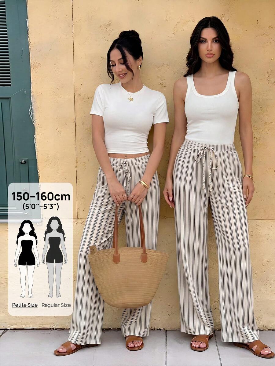 SHEIN PETITE Women's Vacation Casual Striped Straight Leg Pants Beach Pants - Khaki - View 1