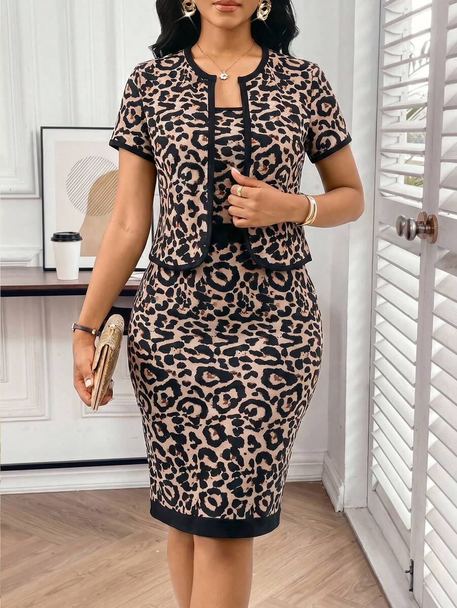 SHEIN Lady 女士优雅通勤豹纹吊带连衣裙和外套两件套，夏季 - 彩色 - 查看 1