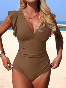 Swim Lushoire Women's Ruffled V-Neck Crossover One-Piece Swimsuit - Brown - View 9
