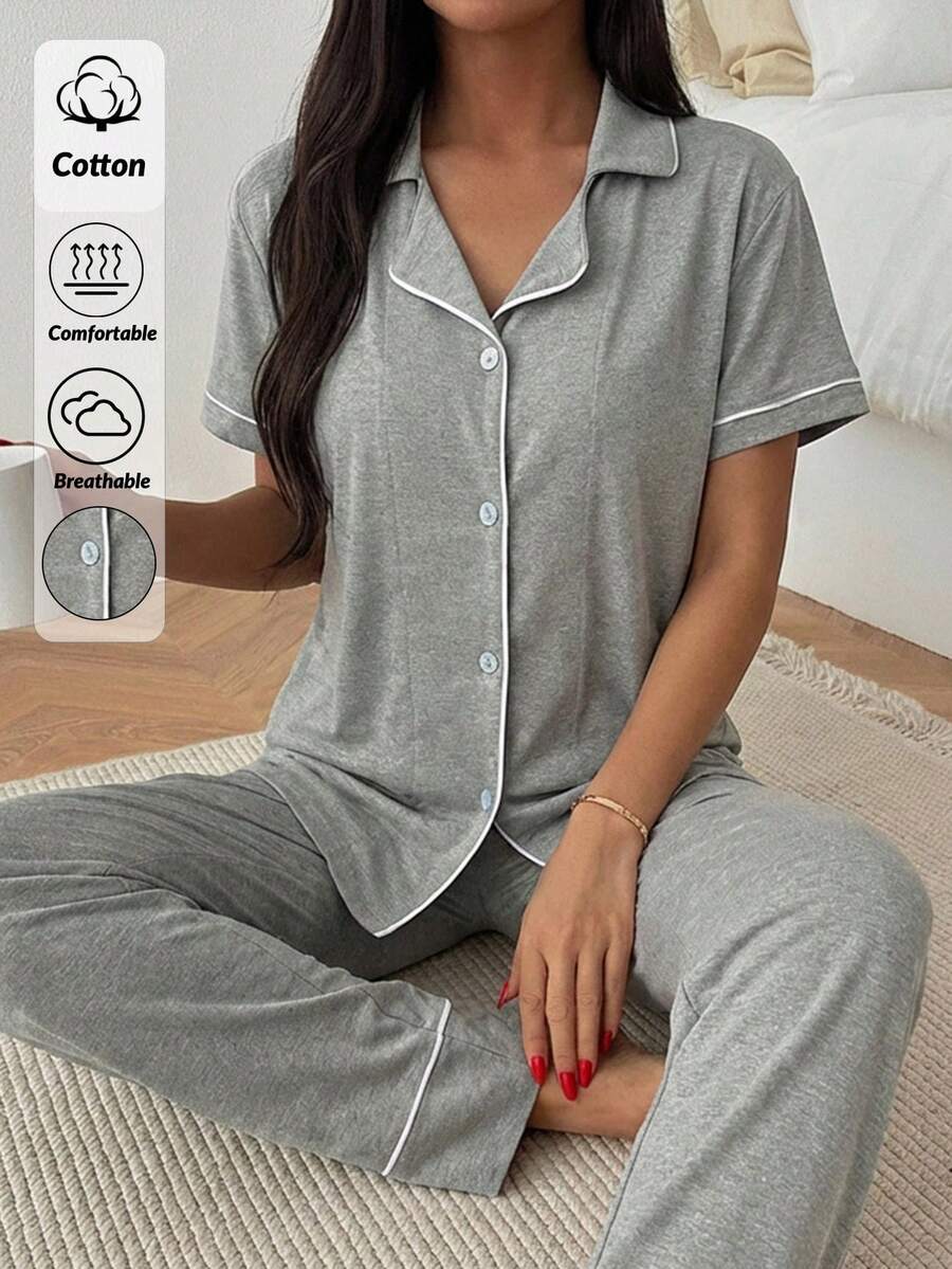 WovenCharm Women Binding Detail Short Sleeved & Long Bottom Homewear Pajama Set - Light Grey - View 1