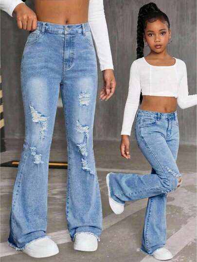 SHEIN Girls' Flared Jeans, Vintage Y2K Streetwear Style, Light Blue Denim Color, Distressed Ripped Faded Wash, Stretchy Comfortable Cotton Denim Fabric, Flare Leg, Versatile For T-Shirts, Hoodies, Casual Outings, School, Work, Parties, Summer New Arrival