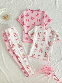 4 Stücke/Set Kleine Mädchen Süßer Bär & Schleife Muster Kurzarm Top und Hose Pyjama Set - Verschiedenfarbig - Übersicht 2