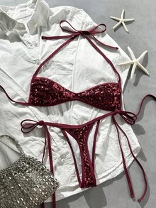 SHEIN Swim Vcay 2-Piece Sequin Textured Halter Bikini Set With Tie Side Bottoms, Sexy Swimsuit For Spring/Summer Beach Vacation - Burgundy - View 5