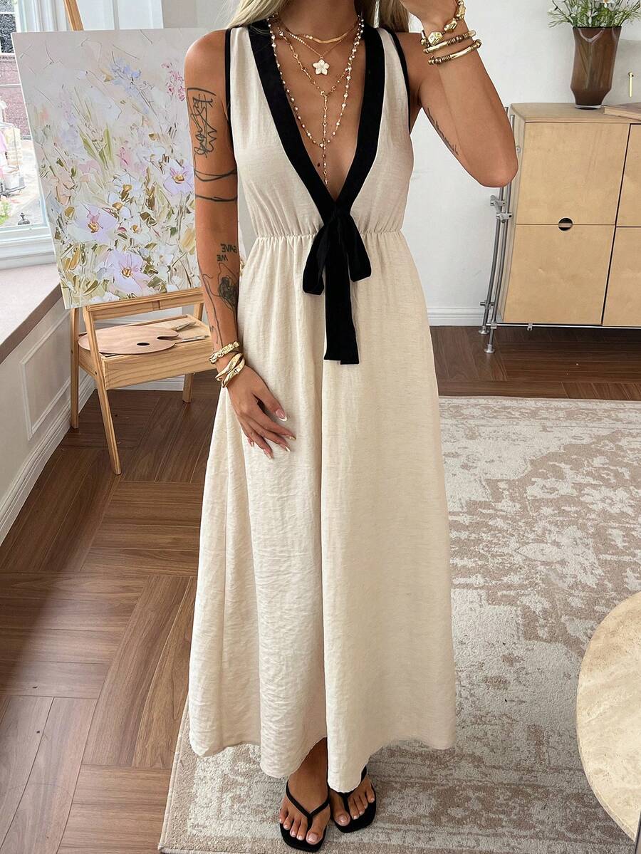 Livesso Black And White Patchwork Sleeveless Dress, Waist Cinched, Suitable For Party Vacation, Beach, Holiday, Summer Sundress Elegant - Apricot - View 1