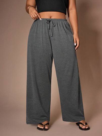 Lazeform Pantalones de pijama de talla grande para mujer, pantalones de estar por casa minimalistas y elegantes de punto a rayas