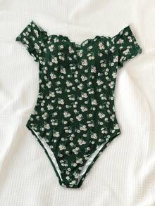 Soleia Body con olanes de hombros descubiertos y estampado floral diminuto sobre fondo negro para vacaciones femeninas - Verde Oscuro - Ver 5