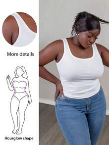 CurvyTilda Áo ba lỗ cổ chữ U sâu, thông thường, cỡ lớn, màu trắng, không tay, họa tiết gân, chi tiết gấp và xếp ly ở bên hông - trắng - Xem 1