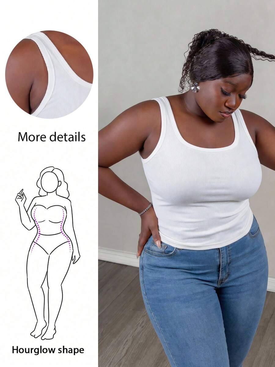 CurvyTilda Áo ba lỗ cổ chữ U sâu, thông thường, cỡ lớn, màu trắng, không tay, họa tiết gân, chi tiết gấp và xếp ly ở bên hông - trắng - Xem 1