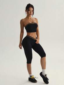 无缝针织豹纹抹胸上衣和豹纹腰部纯黑色阔腿七分裤 女士瑜伽休闲运动套装 - 黑色 - 查看 4