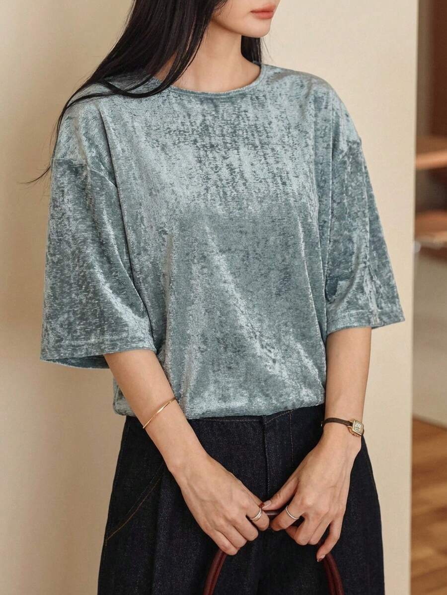 DAZY 女款素色圓領休閒百搭日常穿搭T恤 夏季商務休閒女裝 - 藍色 - 查看 1