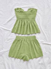 Soleia Women's Striped Print Ruffle Hem Twist Sleeveless Crop Top And Casual Shorts 2 Piece Set, Suitable For Party, Beach, Vacation - Green - View 2