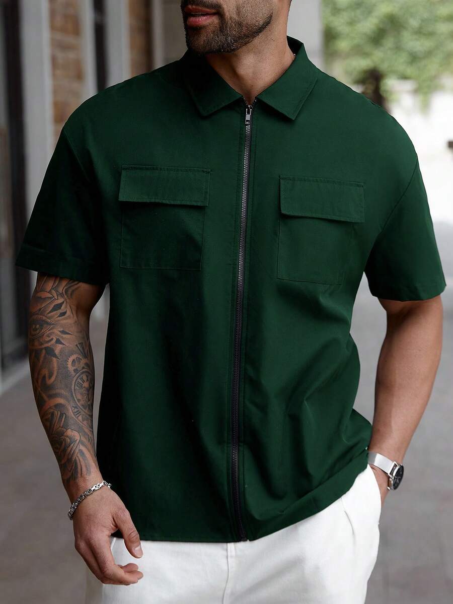 Manfinity Homme Plus Size Men's Solid Color Short Sleeve Zip-Up Shirt - Dark Green - View 1
