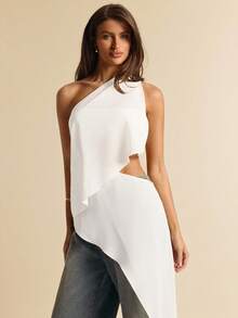SHEIN BAE Áo kiểu voan mỏng màu mơ bất đối xứng, hở vai sau, thanh lịch, thích hợp cho đi chơi, du lịch, đi biển, dự đám cưới, ăn trưa. - trắng - Xem 7