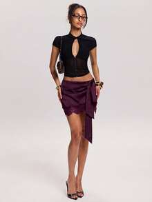 SHEIN BAE Women's Elegant Lace Patchwork Tie-Waist Mini Skirt, Summer - Purple - View 5