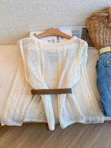 Women's Fashionable Hollow-Out Knit Sweater, Lightweight Cardigan For Sun Protection - Beige - View 2