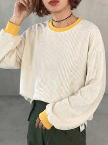 FRIFUL Women's Contrast Color Round Neck Long Sleeve Casual Loose T-Shirt - Beige - View 5