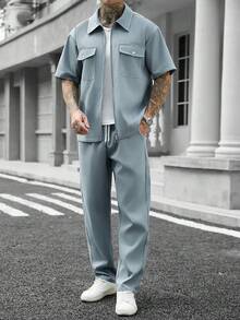 Manfinity Homme Conjunto de camisa y pantalones casuales de unicolor para hombre, de verano - Neblina azul - Ver 8