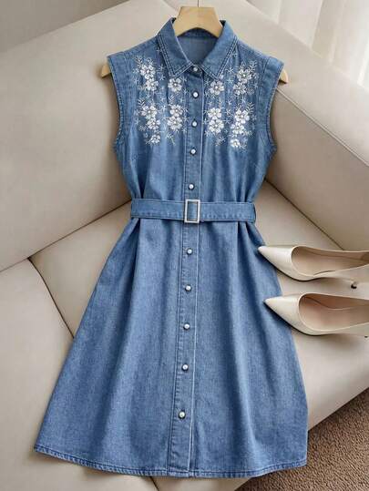 GlowEve Đầm denim nữ không tay, cài cúc phía trước, họa tiết hoa, phong cách thường ngày.