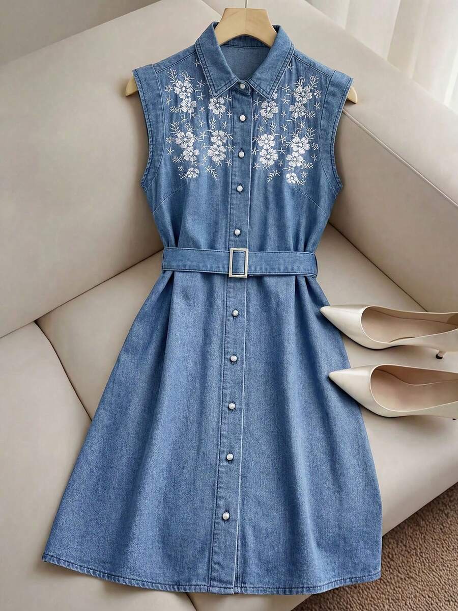 Đầm denim nữ không tay, cài cúc phía trước, họa tiết hoa, phong cách thường ngày. - Màu xanh lam - Xem 1