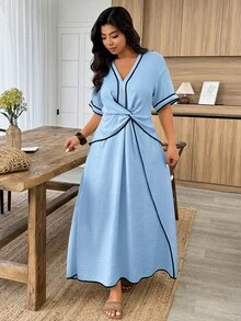 EMERY ROSE Vestido maxi de manga corta con bloqueo de color de algodón y lino color albaricoque, un vestido para mujer de talla grande adecuado para vacaciones casuales y salidas diarias en primavera y verano. - Celeste - Ver 6