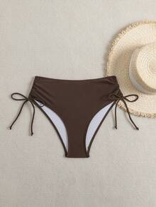 Swim Basics Celana Renang Wanita Model Tali Pengikat Warna Polos, Cocok untuk Pantai Musim Panas - Coffee Brown - View 5