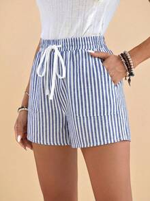 Travachic Quần short mùa hè kẻ sọc, cạp chun, túi chéo, có dây rút. - Màu xanh nhạt - Xem 5