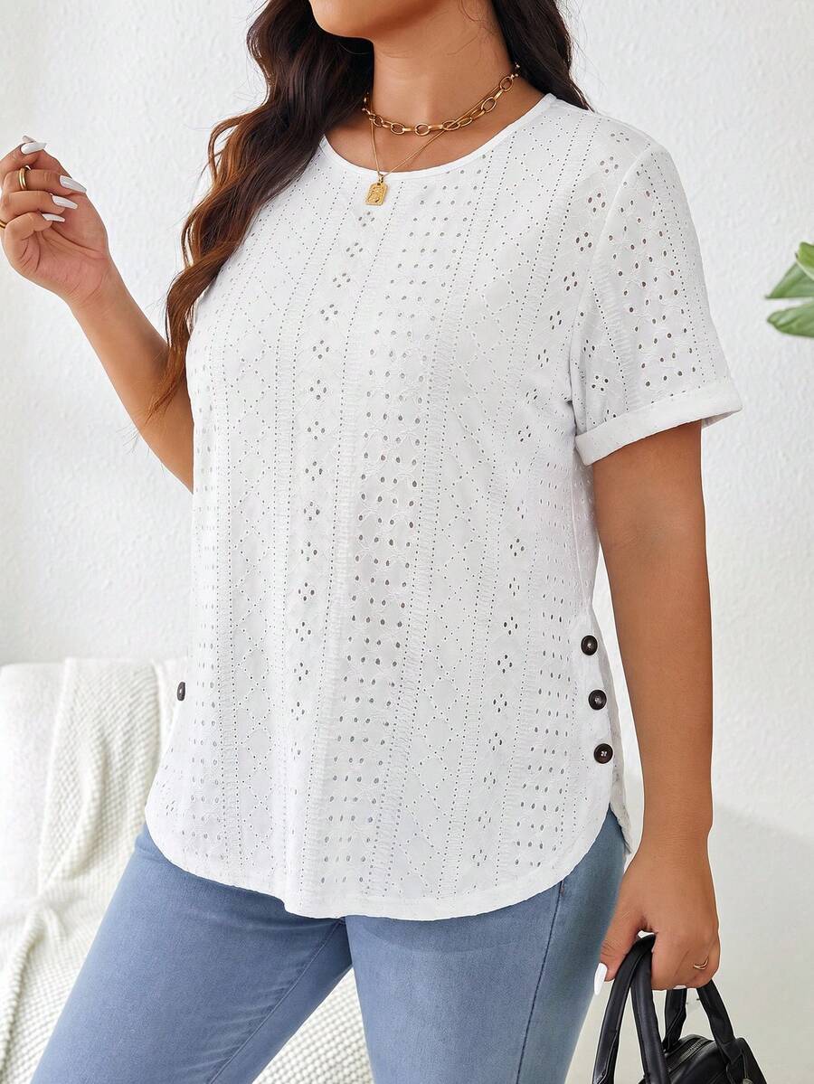 SHEIN LUNE Áo thun trắng dáng rộng, đa năng, khoét lỗ, cỡ lớn, thích hợp cho mùa hè. - trắng - Xem 1