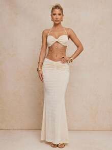 Lumalex Robe élégante et sexy pour femmes avec décoration de chaîne au dos, couleur abricot - Nude - Voir 11