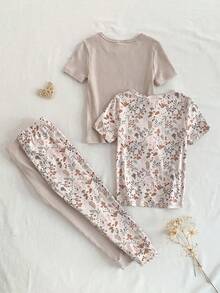 SHEIN 4件套女童花卉叶子印花休闲舒适短袖上衣和打底裤家居服套装 - 彩色 - 查看 2